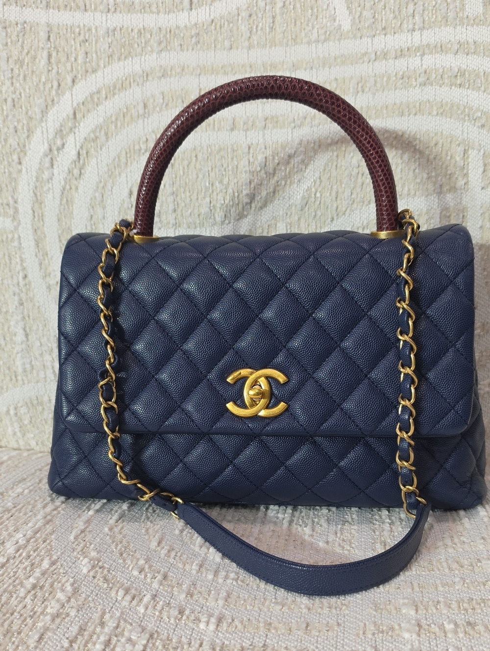 CHANEL  Coco Navy Quilted Leather Top Handle Satchel with Burgundy Lizard Handle